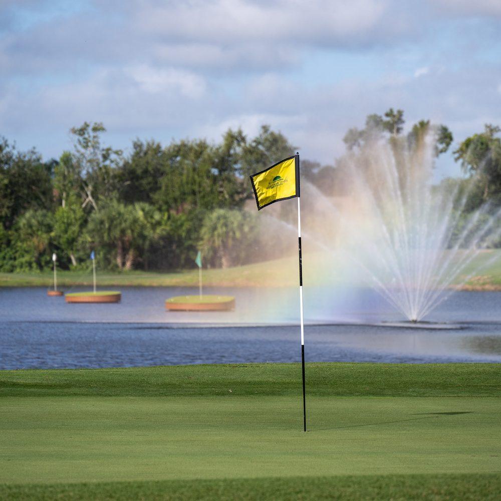 Signature water hole with a flagged green and fountain